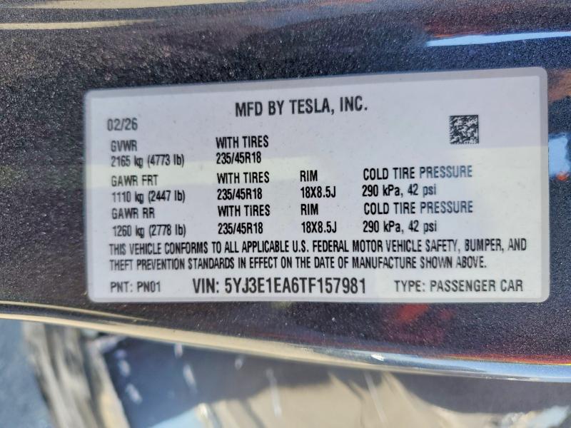 Продажа на аукционе авто 2026 Tesla Model 3, vin: 5YJ3E1EA6TF157981, номер лота: 59222336
