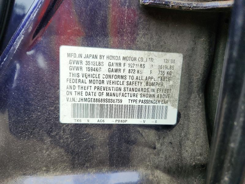 61931696 :رقم المزاد ، JHMGE88689S038759 vin ، 2009 Honda Fit مزاد بيع