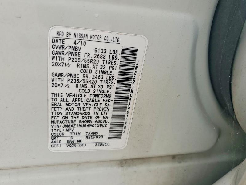 2010 Nissan Murano მანქანა იყიდება აუქციონზე, vin: JN8AZ1MU5AW013682, აუქციონის ნომერი: 62247896