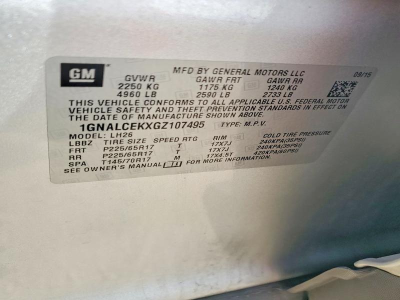 2016 Chevrolet Equinox მანქანა იყიდება აუქციონზე, vin: 1GNALCEKXGZ107495, აუქციონის ნომერი: 61538636