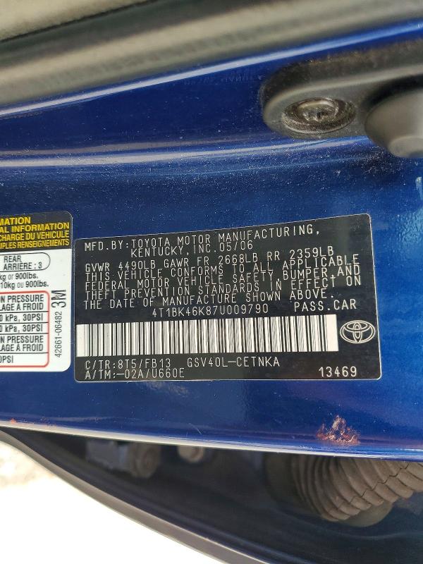 Продаж на аукціоні авто 2007 Toyota Camry, vin: 4T1BK46K87U009790, номер лоту: 63300986