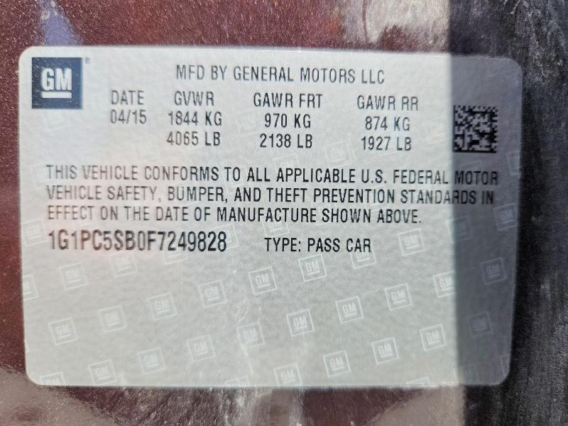 2015 Chevrolet Cruze მანქანა იყიდება აუქციონზე, vin: 1G1PC5SB0F7249828, აუქციონის ნომერი: 61781206