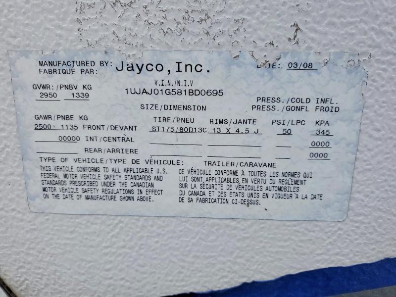 2008 Jayco Jay Trailers მანქანა იყიდება აუქციონზე, vin: 1UJAJ01G581BD0695, აუქციონის ნომერი: 59654976