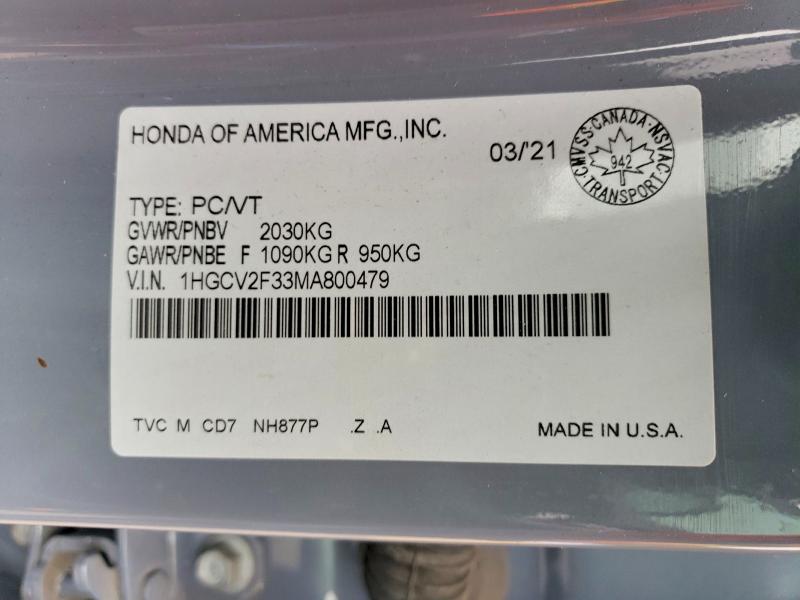2021 Honda Accord მანქანა იყიდება აუქციონზე, vin: 1HGCV2F33MA800479, აუქციონის ნომერი: 62665776