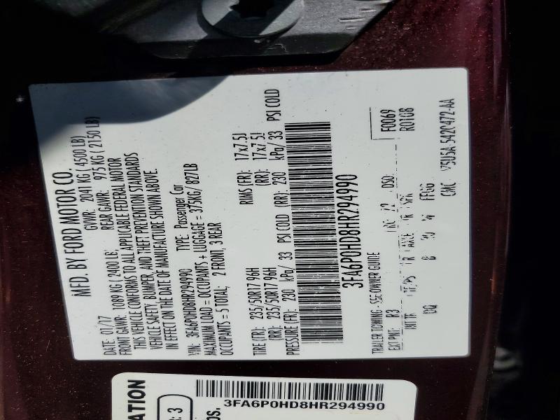 63233406 :رقم المزاد ، 3FA6P0HD8HR294990 vin ، 2017 Ford Fusion مزاد بيع