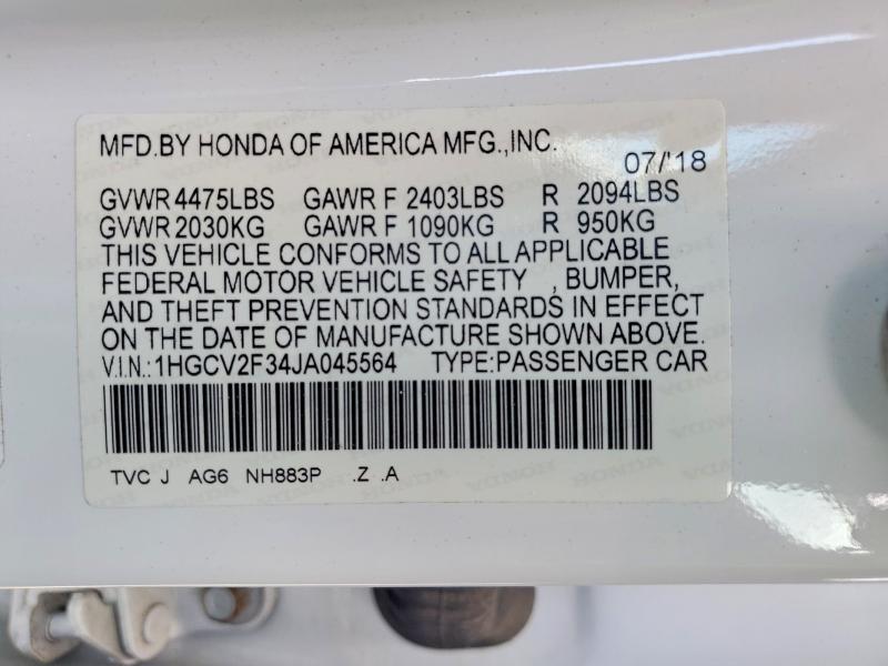 Aukcja sprzedaży 2018 Honda Accord, vin: 1HGCV2F34JA045564, numer aukcji: 60300686