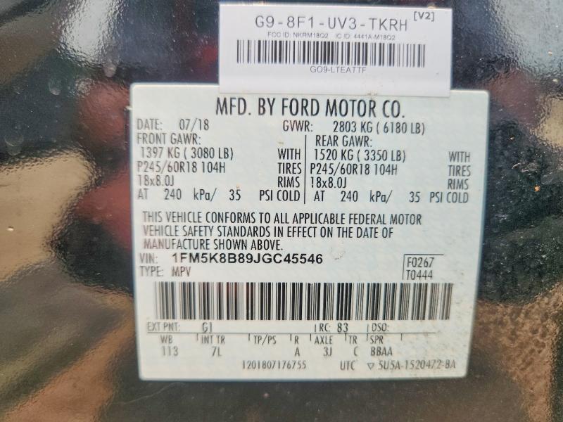61235966 :رقم المزاد ، 1FM5K8B89JGC45546 vin ، 2018 Ford Explorer مزاد بيع