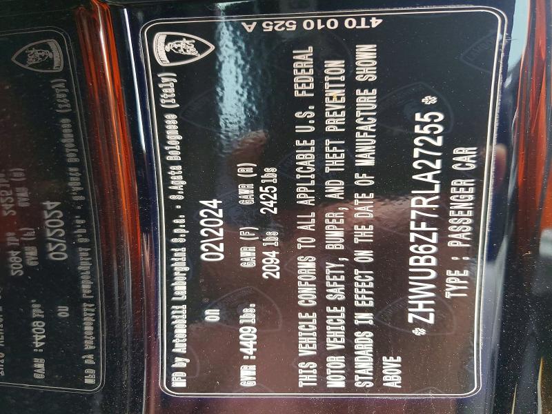 59865206 :رقم المزاد ، ZHWUB6ZF7RLA27255 vin ، 2024 Lamborghini Huracan مزاد بيع