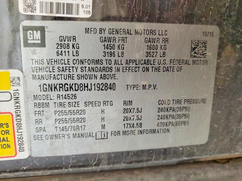 63161796 :رقم المزاد ، 1GNKRGKD8HJ192840 vin ، 2017 Chevrolet Traverse مزاد بيع