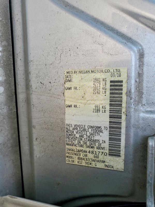 2010 Nissan Altima მანქანა იყიდება აუქციონზე, vin: 1N4AL2AP0AN481770, აუქციონის ნომერი: 60593326