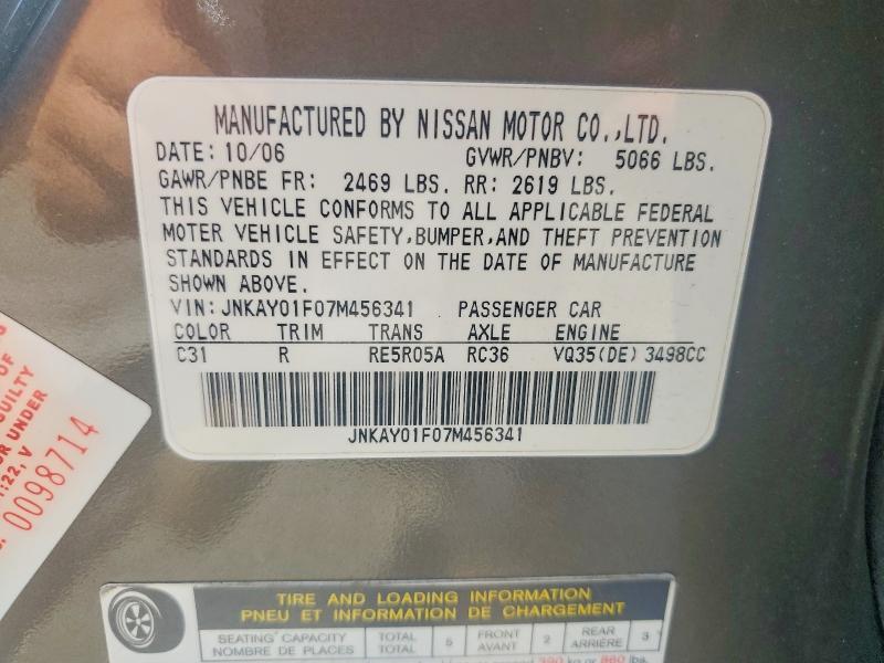 60931316 :رقم المزاد ، JNKAY01F07M456341 vin ، 2007 Infiniti M35 مزاد بيع