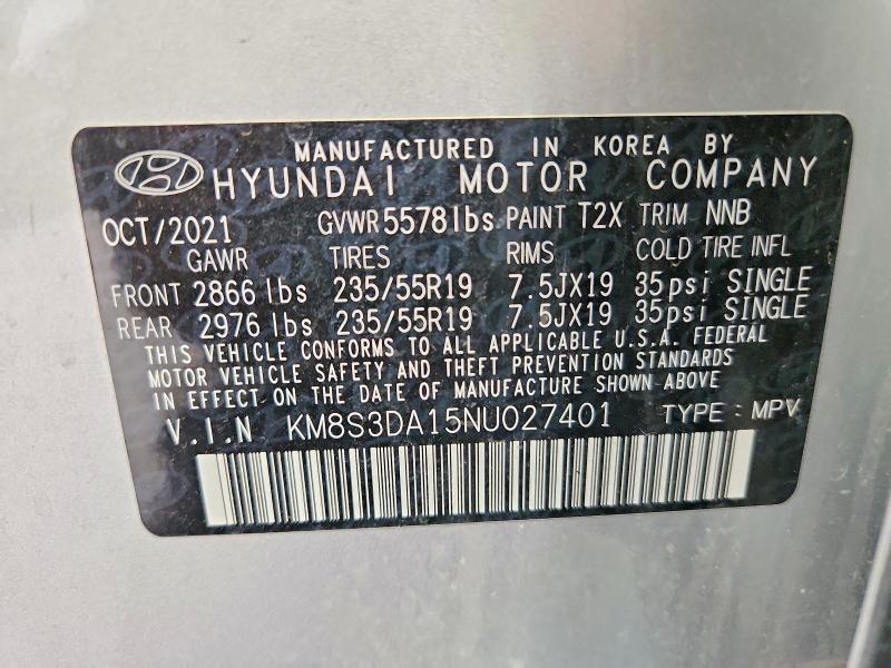 Aukcja sprzedaży 2022 Hyundai Santa Fe, vin: KM8S3DA15NU027401, numer aukcji: 60954846