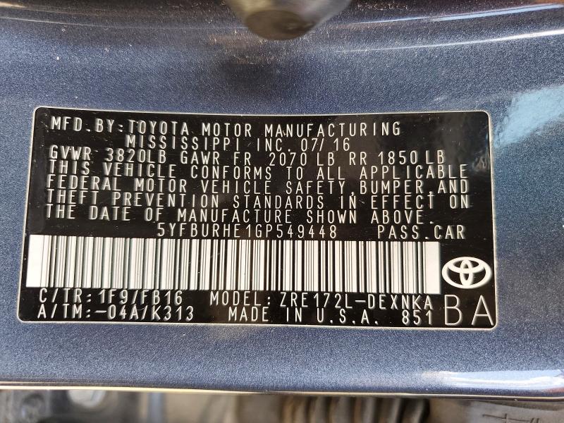 61543546 :رقم المزاد ، 5YFBURHE1GP549448 vin ، 2016 Toyota Corolla مزاد بيع