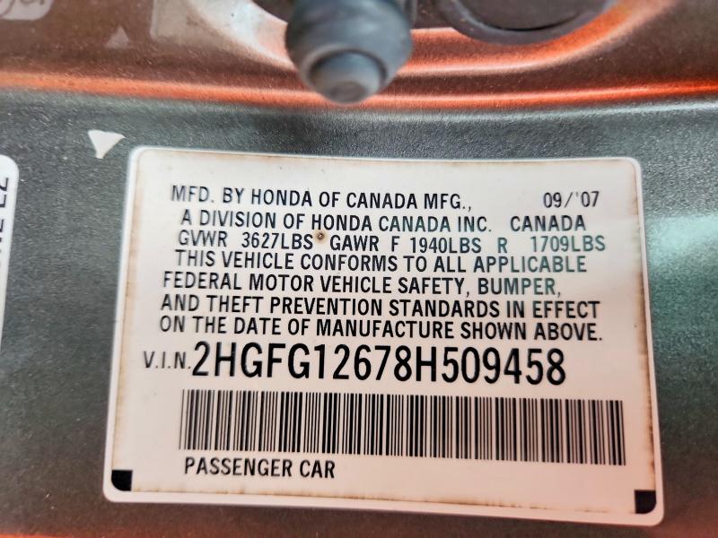 2008 Honda Civic მანქანა იყიდება აუქციონზე, vin: 2HGFG12678H509458, აუქციონის ნომერი: 61571086