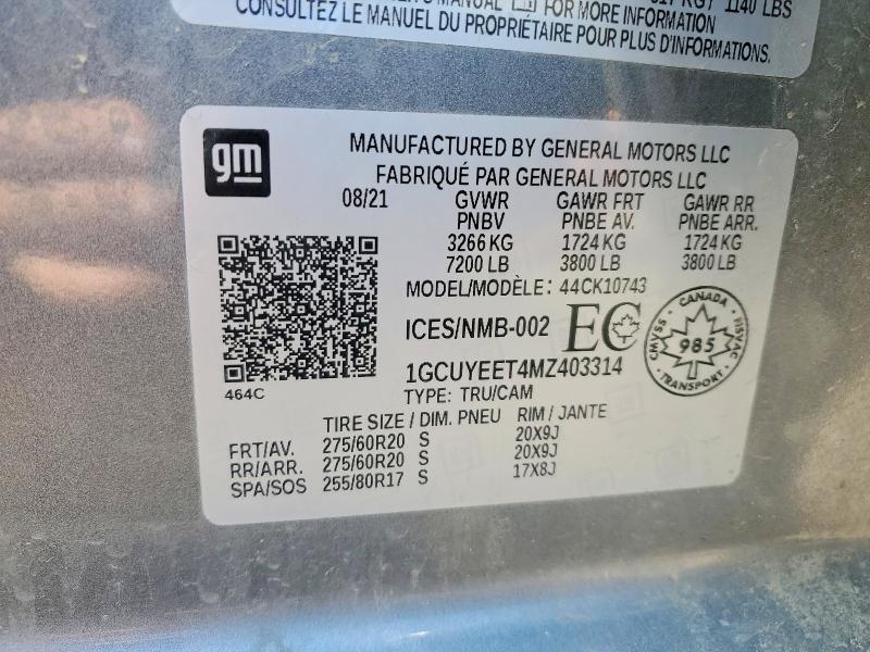 Aukcja sprzedaży 2021 Chevrolet Silverado, vin: 1GCUYEET4MZ403314, numer aukcji: 63073066