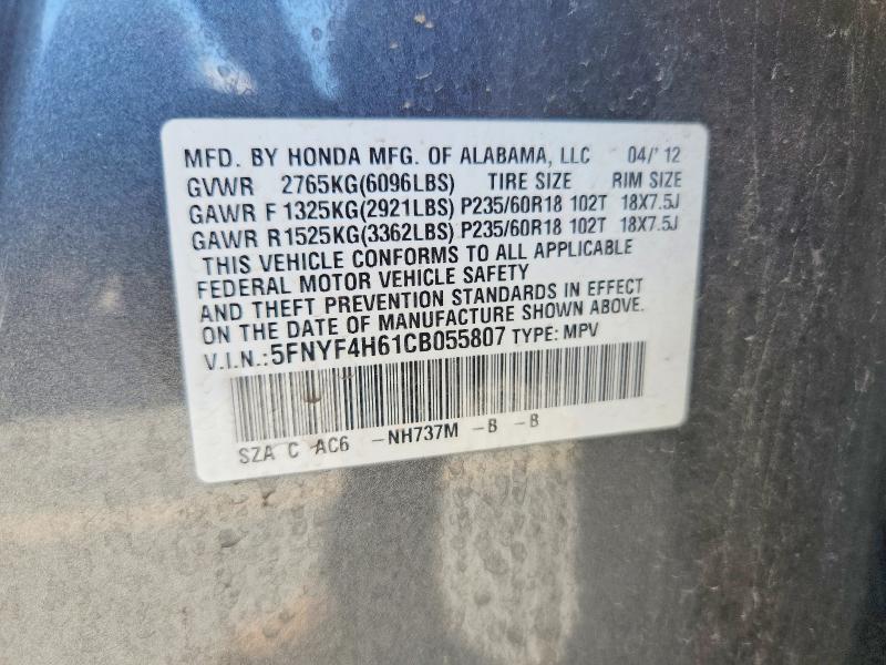 Продажа на аукционе авто 2012 Honda Pilot, vin: 5FNYF4H61CB055807, номер лота: 59628906