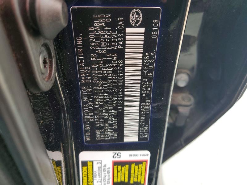 Aukcja sprzedaży 2022 Toyota Camry, vin: 4T1S11AK4NU047748, numer aukcji: 62479456