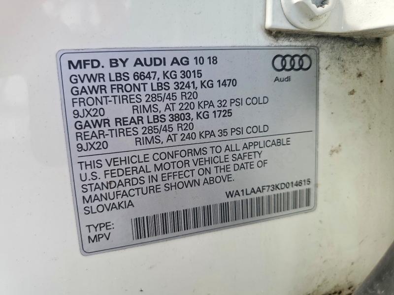 62242216 :رقم المزاد ، WA1LAAF73KD014615 vin ، 2019 Audi Q7 مزاد بيع