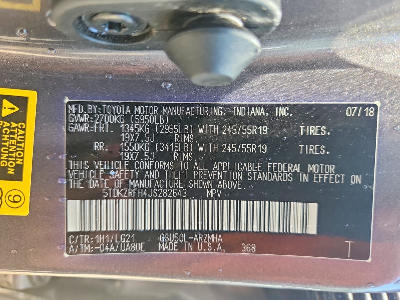 63494426 :رقم المزاد ، 5TDKZRFH4JS282643 vin ، 2018 Toyota Highlander مزاد بيع