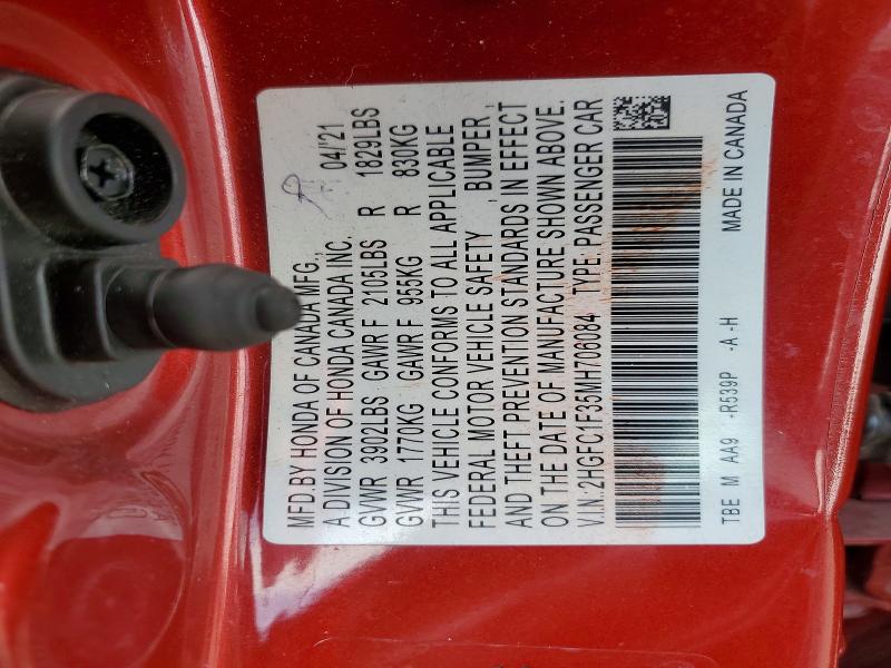 Aukcja sprzedaży 2021 Honda Civic, vin: 2HGFC1F35MH706084, numer aukcji: 60016446