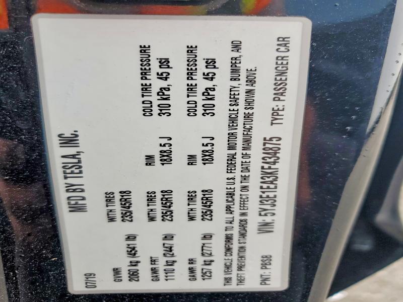 59375976 :رقم المزاد ، 5YJ3E1EA3KF434875 vin ، 2019 Tesla Model 3 مزاد بيع