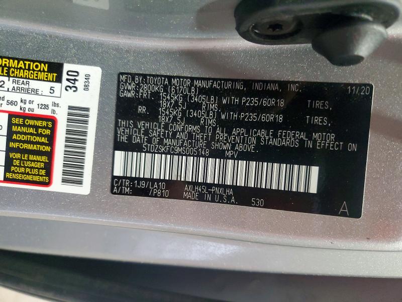 59307826 :رقم المزاد ، 5TDZSKFC9MS005148 vin ، 2021 Toyota Sienna مزاد بيع