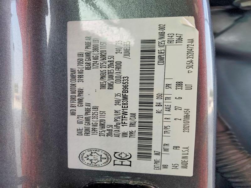 Auction sale of the 2021 Ford F150, vin: 1FTFW1E83MFB96533, lot number: 62872786