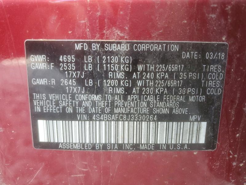 60893886 :رقم المزاد ، 4S4BSAFC8J3330264 vin ، 2018 Subaru Outback مزاد بيع