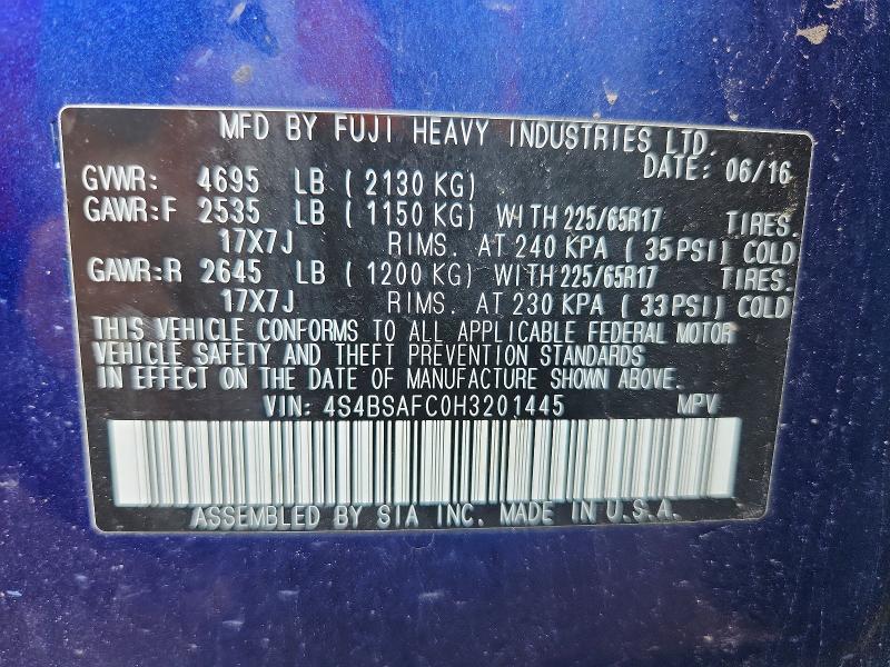 62249686 :رقم المزاد ، 4S4BSAFC0H3201445 vin ، 2017 Subaru Outback مزاد بيع