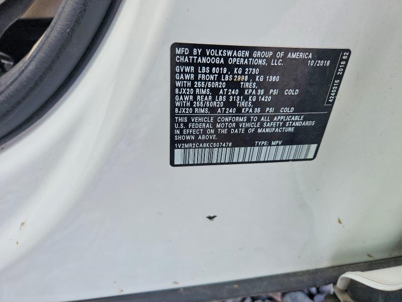 Продажа на аукционе авто 2019 Volkswagen Atlas, vin: 1V2MR2CA8KC507476, номер лота: 59598606