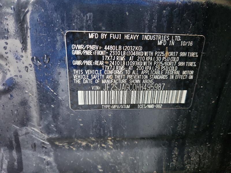 Продаж на аукціоні авто 2017 Subaru Forester, vin: JF2SJAGC0HH495987, номер лоту: 62108776