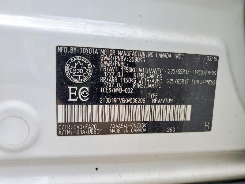 Продаж на аукціоні авто 2019 Toyota Rav4, vin: 2T3B1RFV6KW036206, номер лоту: 58898456