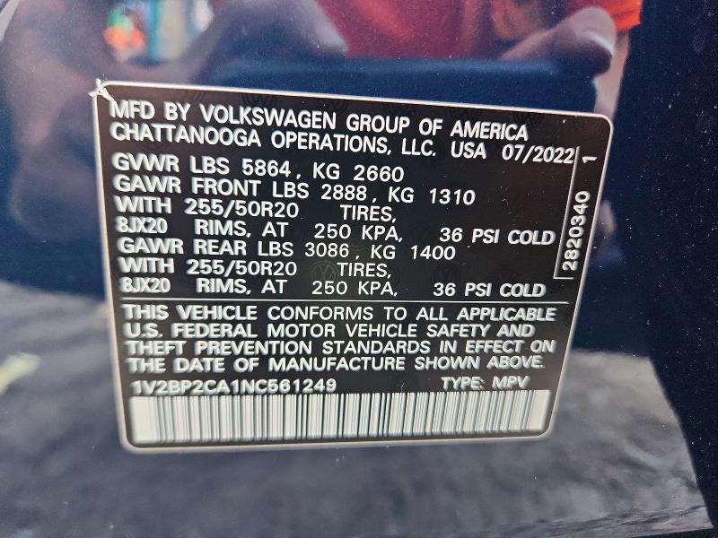 Продажа на аукционе авто 2022 Volkswagen Atlas, vin: 1V2BP2CA1NC561249, номер лота: 60275416