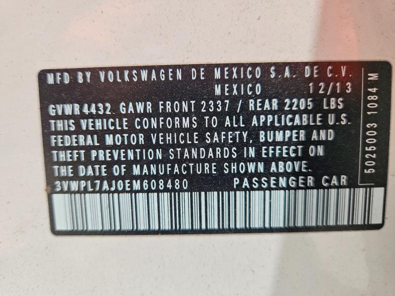 2014 Volkswagen Jetta მანქანა იყიდება აუქციონზე, vin: 3VWPL7AJ0EM608480, აუქციონის ნომერი: 62600906