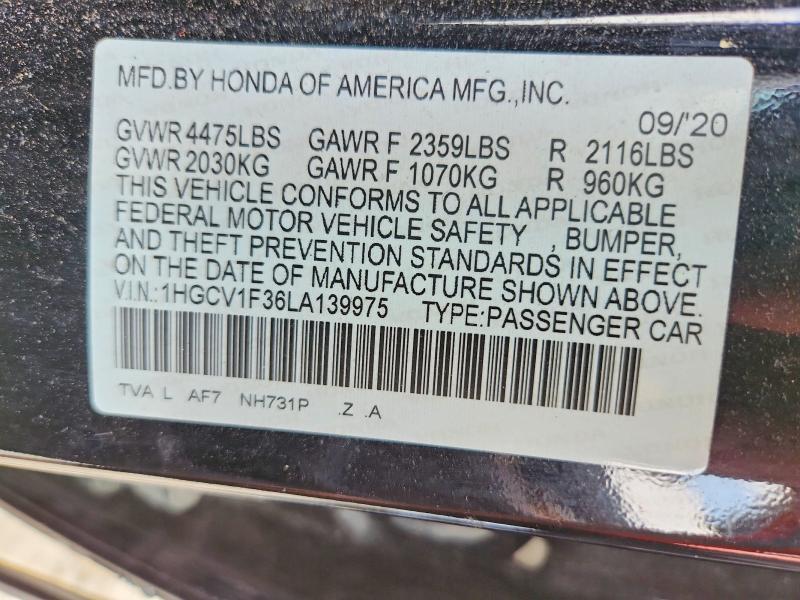 62155566 :رقم المزاد ، 1HGCV1F36LA139975 vin ، 2020 Honda Accord مزاد بيع