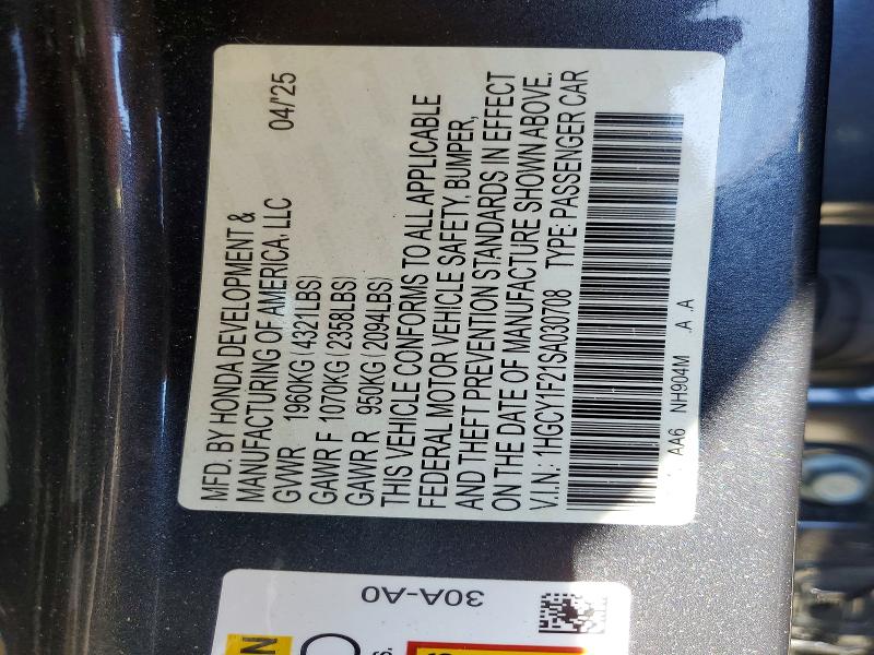 Aukcja sprzedaży 2025 Honda Accord, vin: 1HGCY1F21SA030708, numer aukcji: 60310716