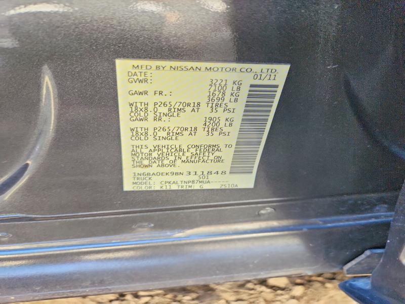 2011 Nissan Titan მანქანა იყიდება აუქციონზე, vin: 1N6BA0EK9BN311848, აუქციონის ნომერი: 61907996