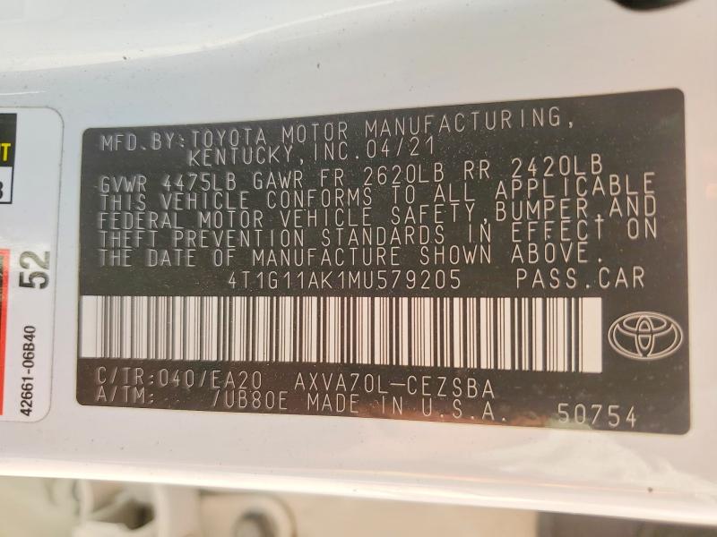 Продаж на аукціоні авто 2021 Toyota Camry, vin: 4T1G11AK1MU579205, номер лоту: 63350166