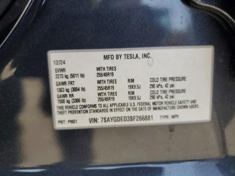 62656826 :رقم المزاد ، 7SAYGDED3SF266881 vin ، 2025 Tesla Model Y مزاد بيع