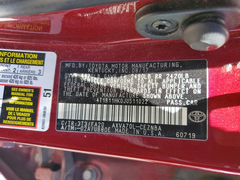 Aukcja sprzedaży 2018 Toyota Camry, vin: 4T1B11HK0JU511022, numer aukcji: 59550216