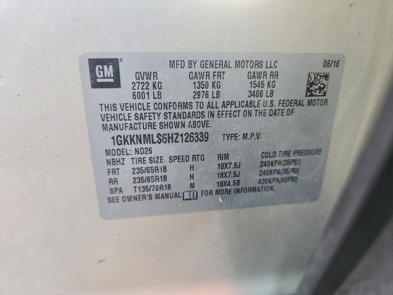2017 Gmc Acadia მანქანა იყიდება აუქციონზე, vin: 1GKKNMLS6HZ126339, აუქციონის ნომერი: 60238826