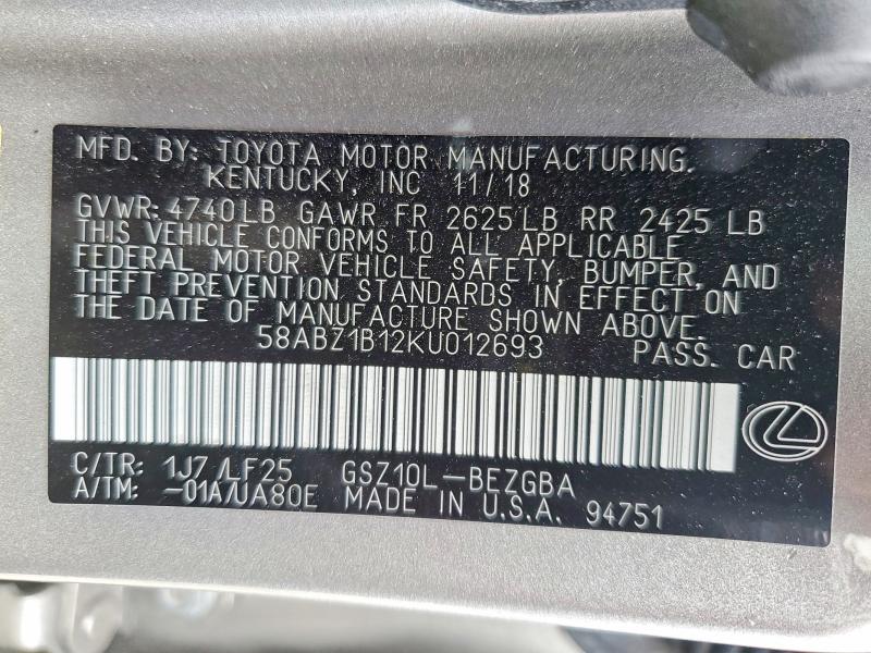 Aukcja sprzedaży 2019 Lexus Es, vin: 58ABZ1B12KU012693, numer aukcji: 59642436