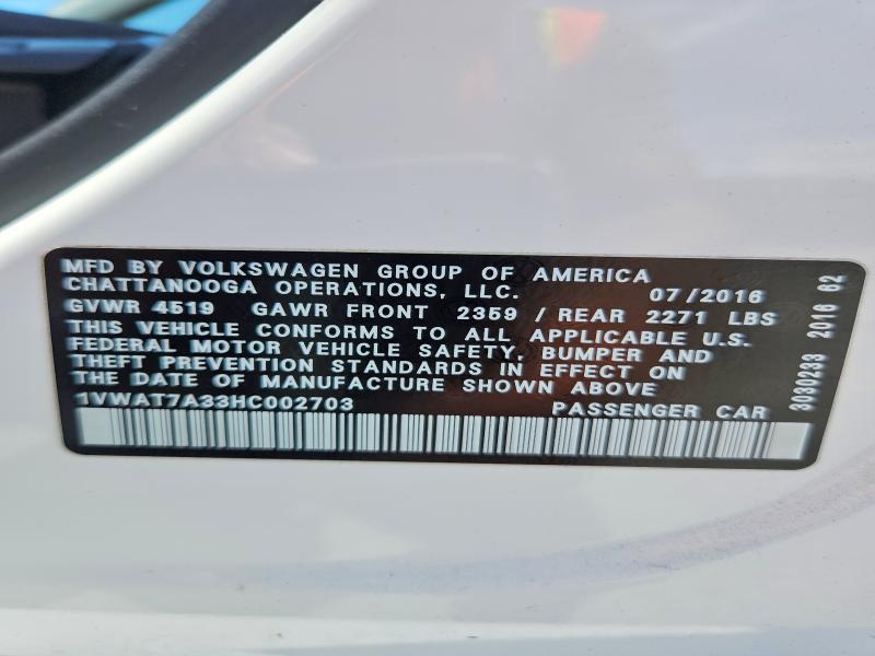 Продажа на аукционе авто 2017 Volkswagen Passat, vin: 1VWAT7A33HC002703, номер лота: 60312896
