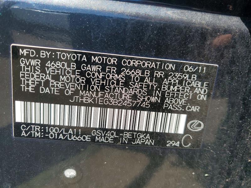 2011 Lexus Es მანქანა იყიდება აუქციონზე, vin: JTHBK1EG3B2457745, აუქციონის ნომერი: 60858266