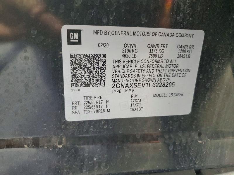 Aukcja sprzedaży 2020 Chevrolet Equinox, vin: 2GNAXSEV1L6228205, numer aukcji: 59785966