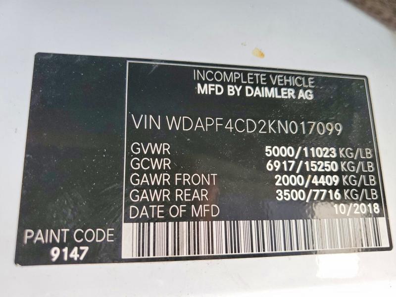 61581246 :رقم المزاد ، WDAPF4CD2KN017099 vin ، 2019 Mercedes-benz Sprinter مزاد بيع