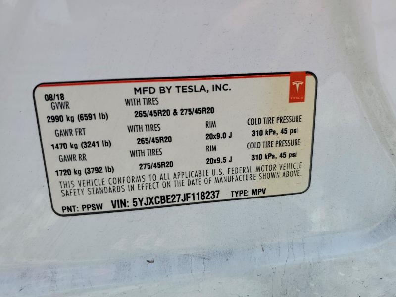 Aukcja sprzedaży 2018 Tesla Model X, vin: 5YJXCBE27JF118237, numer aukcji: 60967836