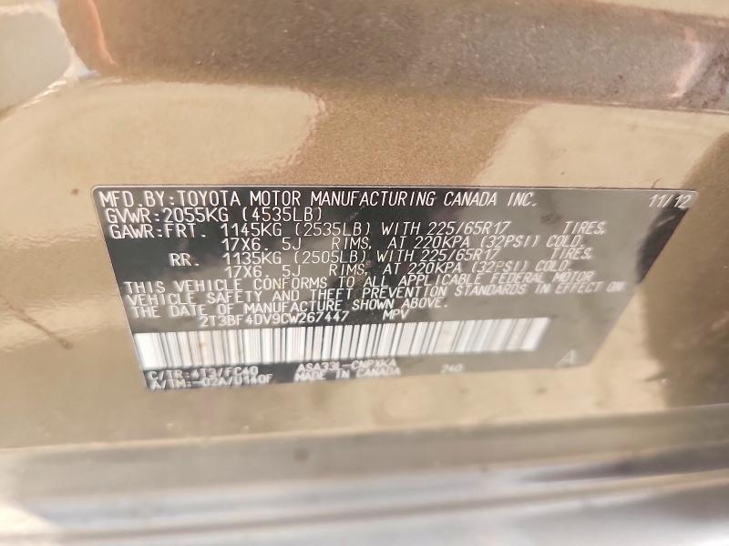 Aukcja sprzedaży 2012 Toyota Rav4, vin: 2T3BF4DV9CW267447, numer aukcji: 59102786