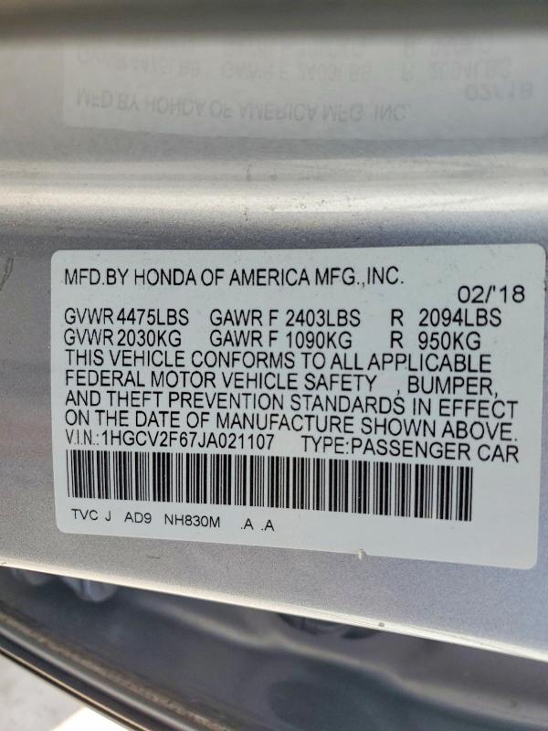 59103726 :رقم المزاد ، 1HGCV2F67JA021107 vin ، 2018 Honda Accord مزاد بيع