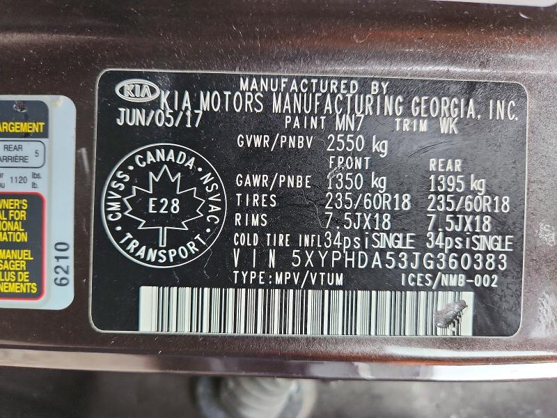 2018 Kia Sorento მანქანა იყიდება აუქციონზე, vin: 5XYPHDA53JG360383, აუქციონის ნომერი: 62282026
